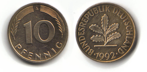 10-Pfennig-Stück (1992) mit Münzzeichen A, Urheber: Denis Apel